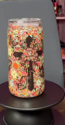#39. 16 oz acrylic MC with flowers and cross