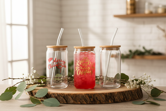 Glass tumbler with bamboo lid in beautiful background