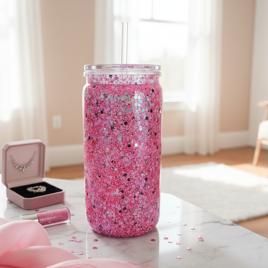 Pink Glitter Tumbler in Glamorous Setting