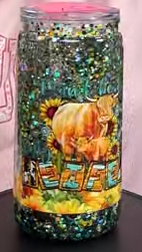 #37. 16 oz acrylic green and black with sunflowers