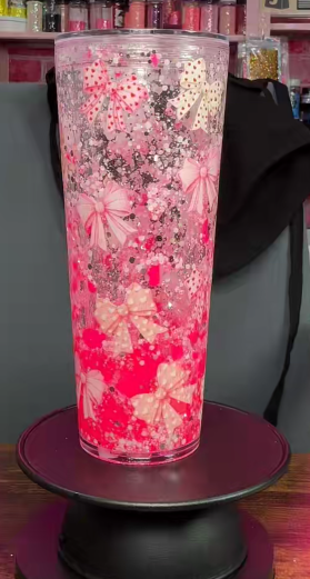 #56. 24 oz acrylic V-shape pink with bow sublimation
