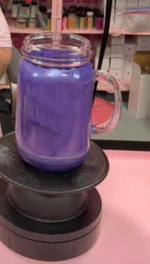 #114. 20 oz acrylic Mason Jar with handle Purple cateye