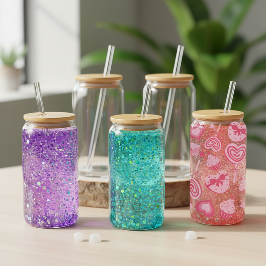 Glass Can Tumblers with Bamboo Lids - Purple, Turquoise, Coral